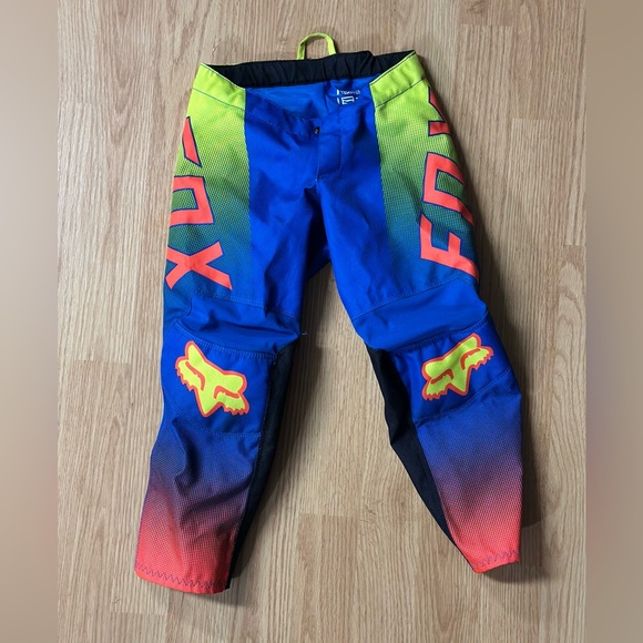 Kids size 4t fox racing pants minimal wear blue and yellow pattern. - Picture 1 of 4